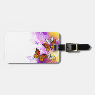 Etiqueta Para Maletas Mariposas monarcas en fondo morado