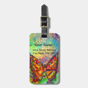 ETIQUETA PARA MALETAS MARIPOSAS ROJAS AZUL ORO AMARILLO DERRAME MONOGRAM