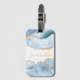 Etiqueta Para Maletas Mármol Ágata Baby Blue y Faux Gold Glitter
