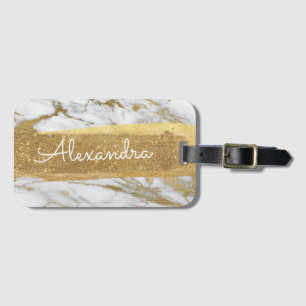 Etiqueta Para Maletas Mármol blanco y dorado con Relieve metalizado dora