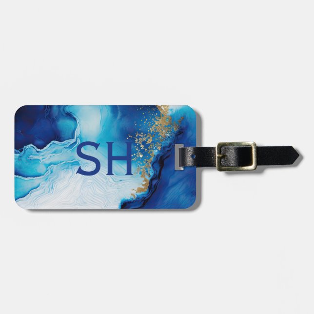 Etiqueta Para Maletas Mármol dorado blanco azul (Frente Horizontal)