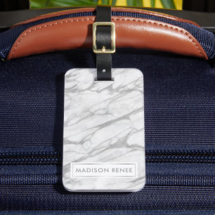 Etiqueta Para Maletas Mármol Gris y Blanco Piedra Nombre Personalizado