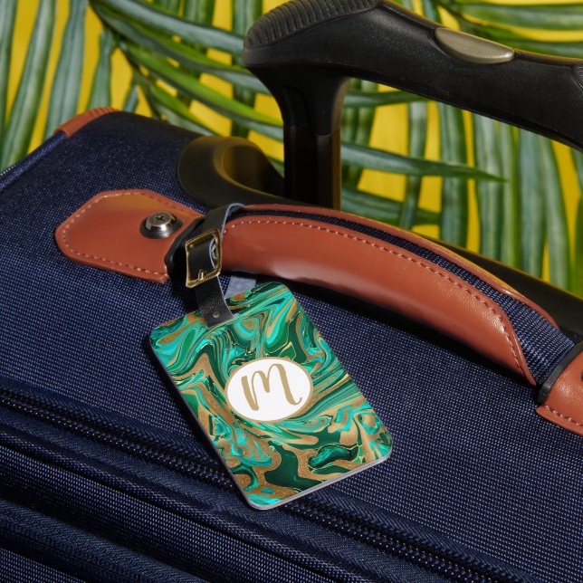 Etiqueta Para Maletas Mármol líquido verde y dorado (Anverso In situ 1)