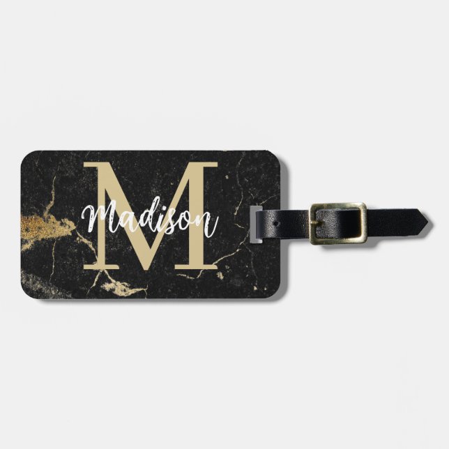 Etiqueta Para Maletas Mármol negro de oro monograma (Frente Horizontal)