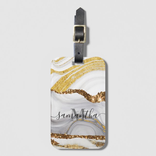 Etiqueta Para Maletas Mármol y Purpurina (Anverso vertical)