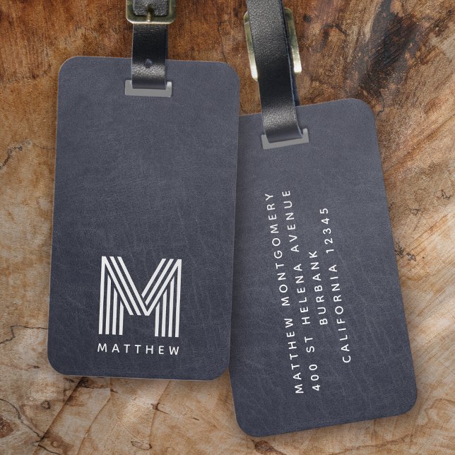 Etiqueta Para Maletas Masculina Monograma negrita de cuero azul (Subido por el creador)