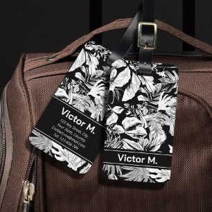 Etiqueta Para Maletas Masculina tropical moderna en blanco y negro