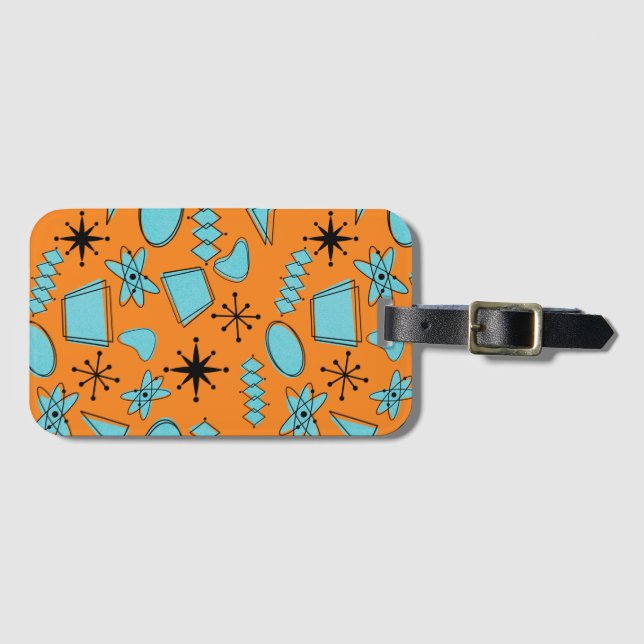 Etiqueta Para Maletas MCM Formas atómicas Turquesa en Naranja (Anverso horizontal)