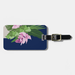 Etiqueta Para Maletas Medinilla tropical Flor rosa en azul oscuro