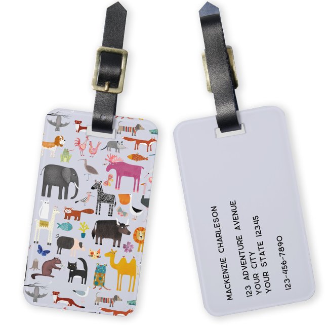 Etiqueta Para Maletas Menagerie animal (Fun animal menagerie with wild, safari, zoo, pet animals and birds pattern personalized luggage tag)