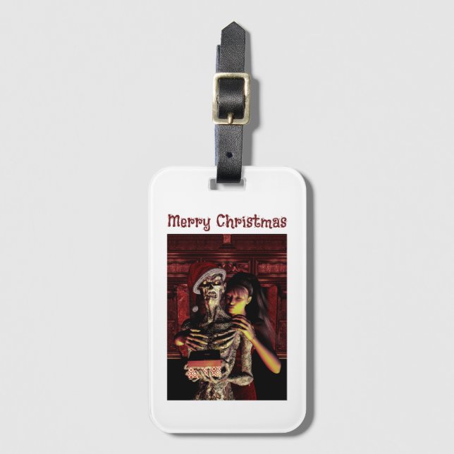 Etiqueta Para Maletas Merry Christmas. Funny skeleton with woman (Anverso vertical)