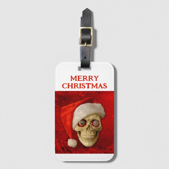 Etiqueta Para Maletas Merry Christmas. Skull wearing Santa hat (Anverso vertical)