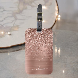 Etiqueta Para Maletas Metal Brillado Rosa Dorado Glitter Monograma