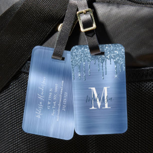 Etiqueta Para Maletas Metal cepillado con goteo de brillo azul monograma