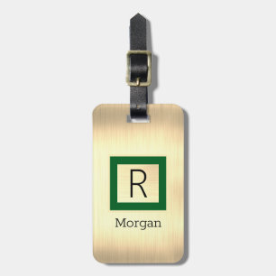 Etiqueta Para Maletas Metal Dorado, Nombre Negro y Monograma, Caja Verde