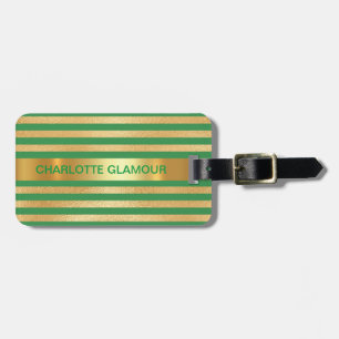 Etiqueta Para Maletas Minimalismo de rayas verdes doradas personalizadas