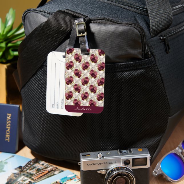 Etiqueta Para Maletas Moda Burgundy Gold Floral diamante tufé (Anverso & Reverso)