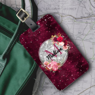 Etiqueta Para Maletas Moda falsa Purpurina plateado Burgundy Floral mono