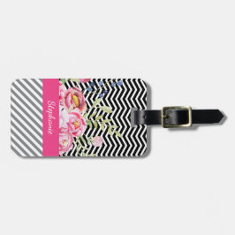 Etiqueta Para Maletas Moda Floral rosa Chevrons negro y blanco y nombre
