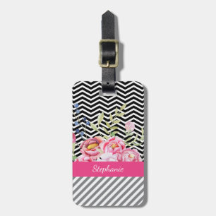 Etiqueta Para Maletas Moda Floral rosa Chevrons negro y blanco y nombre