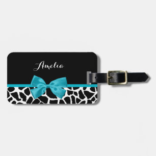 Etiqueta Para Maletas Moda Giraffe Imprimir Aqua Blue Ribbon con Nombre