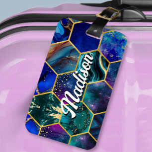 Etiqueta Para Maletas Moda girly faux Purpurina Turquoise azul geométric