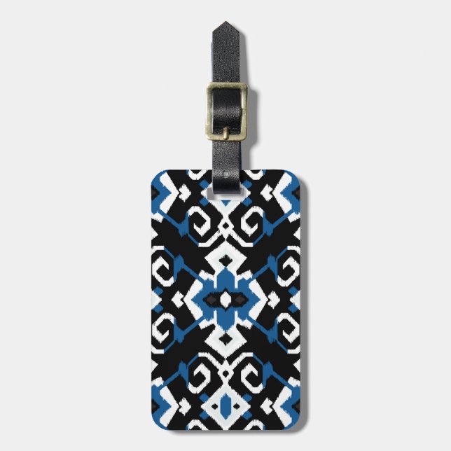 Etiqueta Para Maletas Moda huella de ikat tribal azul geométrico (Frente Vertical)