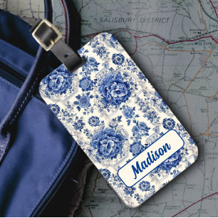 Etiqueta Para Maletas Moda Monograma de tela de chinoiserie floral azul