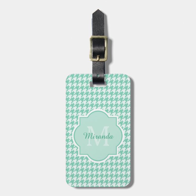 Etiqueta Para Maletas Moda Monograma Mint Green Houndstoth Con Nombre (Frente Vertical)