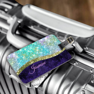 Etiqueta Para Maletas Moda monograma purpurina iridiscente azul morado