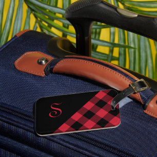 Etiqueta Para Maletas Moda Monograma Red Black Buffalo Check Geométrico