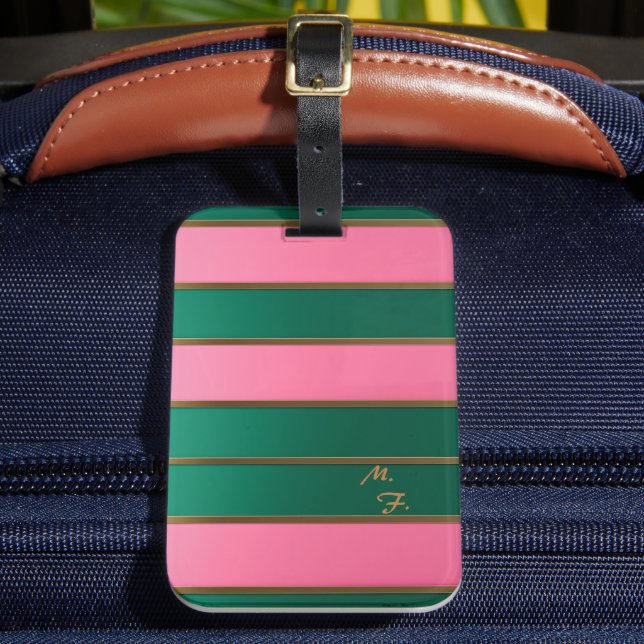 Etiqueta Para Maletas Moda Monogramada Negrita Negrita Rosa & Verde, Ban (Anverso In situ 2)