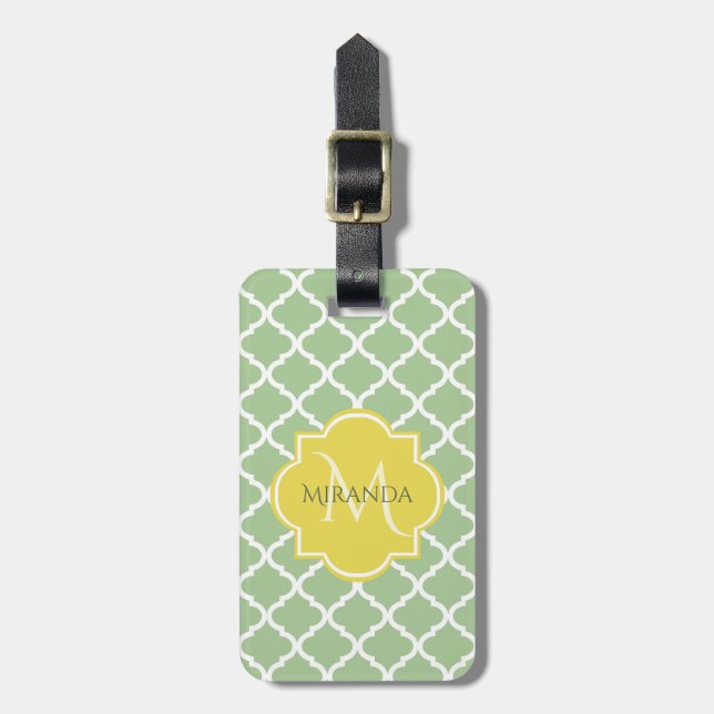 Etiqueta Para Maletas Moda Pastel Verde Quatrefoil Amarillo Nombre Monog (Frente Vertical)
