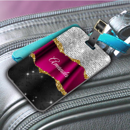 Etiqueta Para Maletas Moda purpurina falso de plata Fuchsia monograma ne