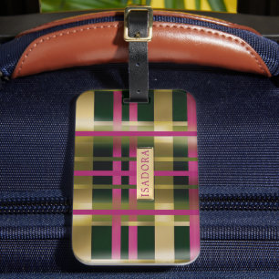 Etiqueta Para Maletas Moda y diseño Fuchsia Green Plaid Personalizado