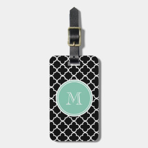 Etiqueta Para Maletas Modelo negro de Quatrefoil, monograma de la verde