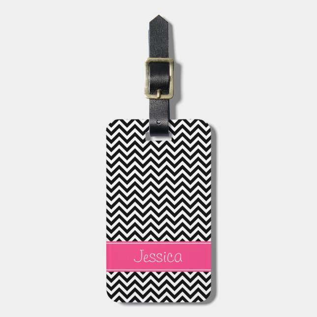 Etiqueta Para Maletas Modelo negro y rosado de Chevron personalizado (Frente Vertical)
