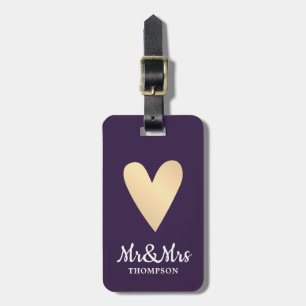 Etiqueta Para Maletas Modern Elegant Purple Faux Gold Heart Mr&Mrs.