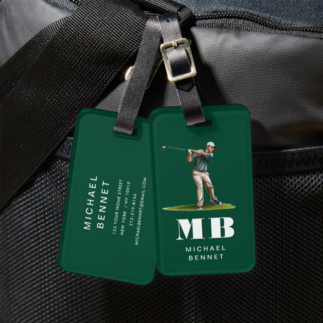 Etiqueta Para Maletas Modern Green Golfer Sport Monogram (Modern Green Golfer Sport Monogram Luggage Tag)