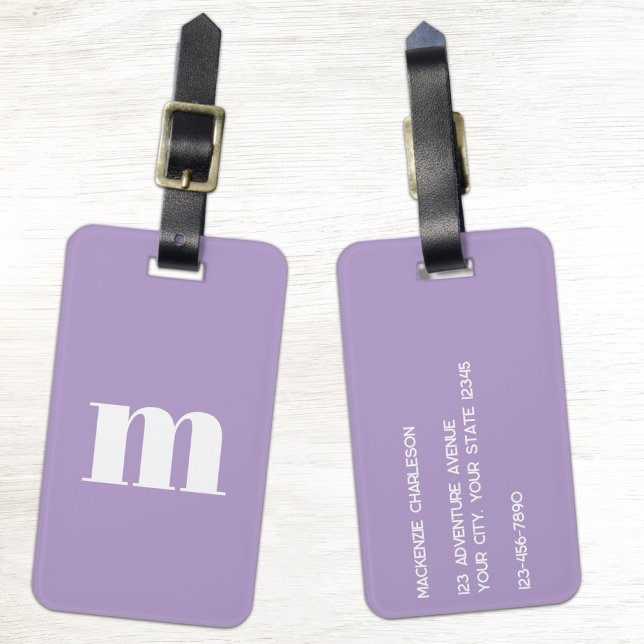 Etiqueta Para Maletas Modern Monogram Initial Lilac Pastel (Modern monogram initials personalized minimalist dopamine lilac purple luggage tag for adventurers)