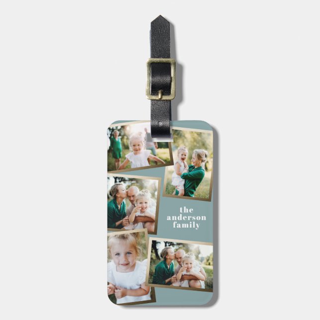 Etiqueta Para Maletas Moderna familia de fotos multicolor dorado (Frente Vertical)