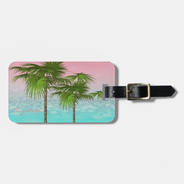 Etiqueta Para Maletas Moderna Girly Tropical, Palm Tree (Frente Horizontal)