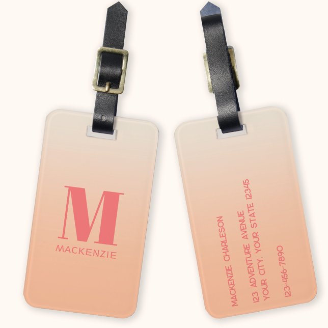 Etiqueta Para Maletas Moderno Monograma Denominación Inicial Gradiente D (Peach gradient monogram initial personalized luggage tag)