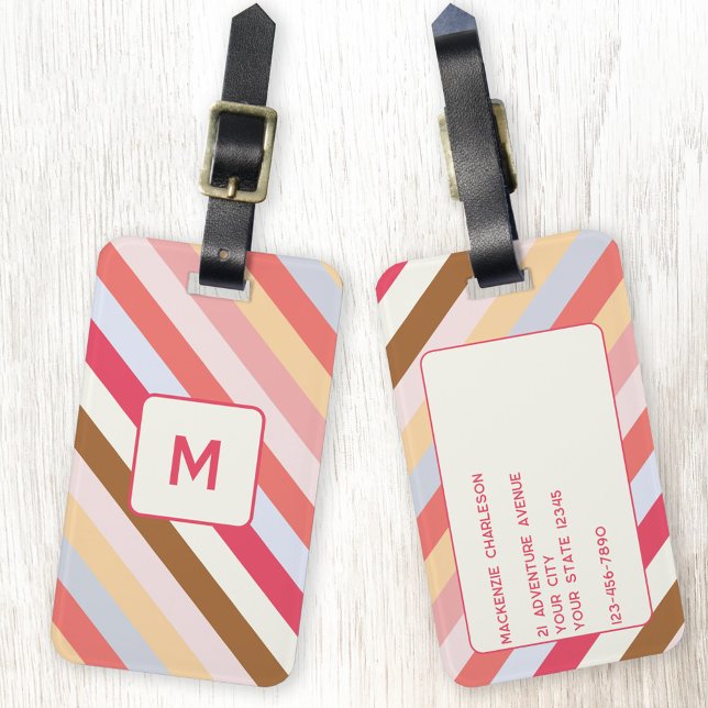 Etiqueta Para Maletas Moderno monograma diagonal banda de canto personal (Modern personalize monogram initial diagonal candy stripe luggage tag)