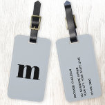 Etiqueta Para Maletas Moderno Monograma Polvo inicial Azul<br><div class="desc">Moderna tipografía de funda inferior diseño minimalista monograma inicial que se puede cambiar para personalizar,  junto con los detalles al revés. Negro sobre un polvo polvoriento fondo azul.</div>