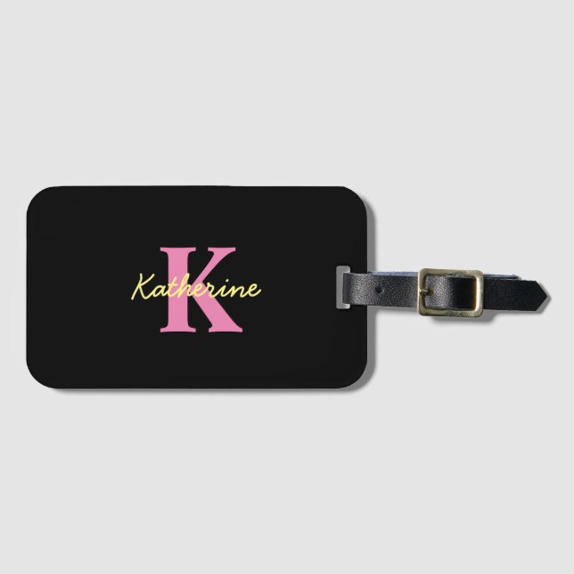 Etiqueta Para Maletas Moderno negro monogramado personalizado (Anverso horizontal)