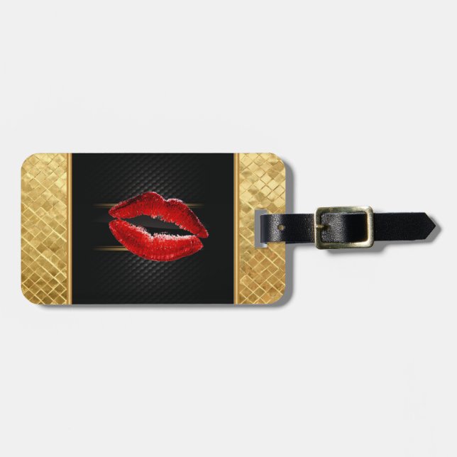 Etiqueta Para Maletas Modernos labios rojos Purpurinas, personalizados e (Frente Horizontal)