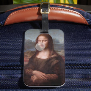 Etiqueta Para Maletas Mona Lisa soplando chicle de burbuja gris