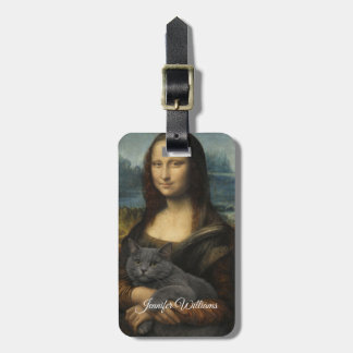 Etiqueta Para Maletas Mona Lisa sosteniendo elegante gato gris