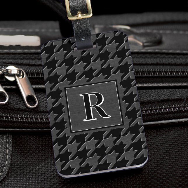 Etiqueta Para Maletas Monogram Houndstooth Pattern Black & Grey Wood (Subido por el creador)
